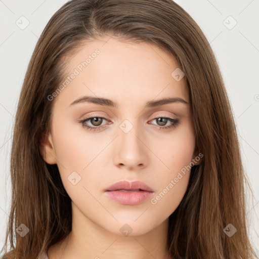 Neutral white young-adult female with long  brown hair and brown eyes