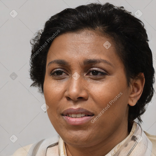 Joyful black adult female with medium  brown hair and brown eyes