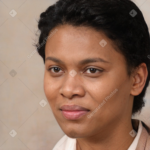 Joyful white young-adult female with short  black hair and brown eyes