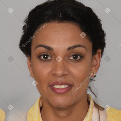 Joyful latino young-adult female with short  brown hair and brown eyes