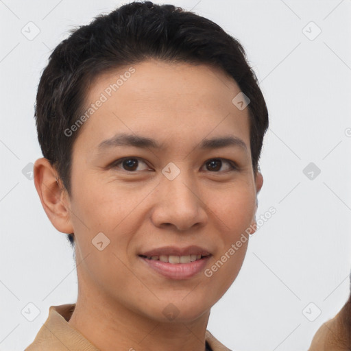 Joyful white young-adult female with short  brown hair and brown eyes