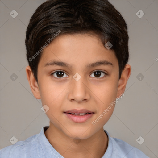 Joyful white child male with short  brown hair and brown eyes