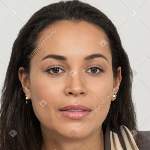 Joyful latino young-adult female with long  brown hair and brown eyes