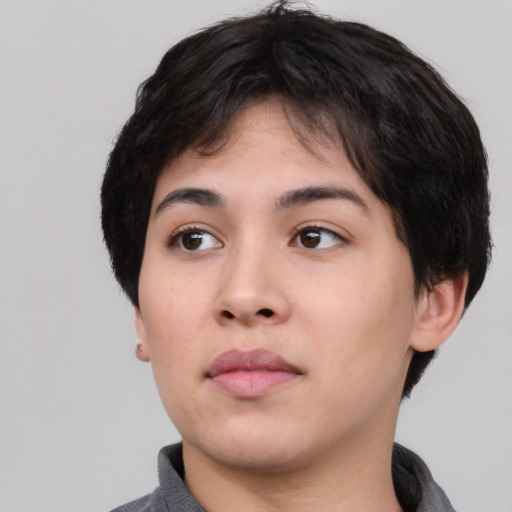 Neutral asian young-adult female with short  black hair and brown eyes