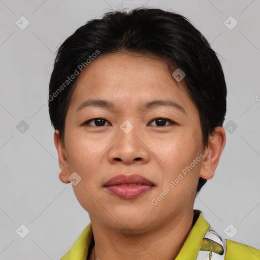 Joyful asian young-adult female with short  brown hair and brown eyes