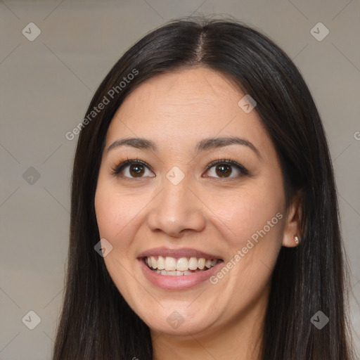 Joyful white young-adult female with long  brown hair and brown eyes