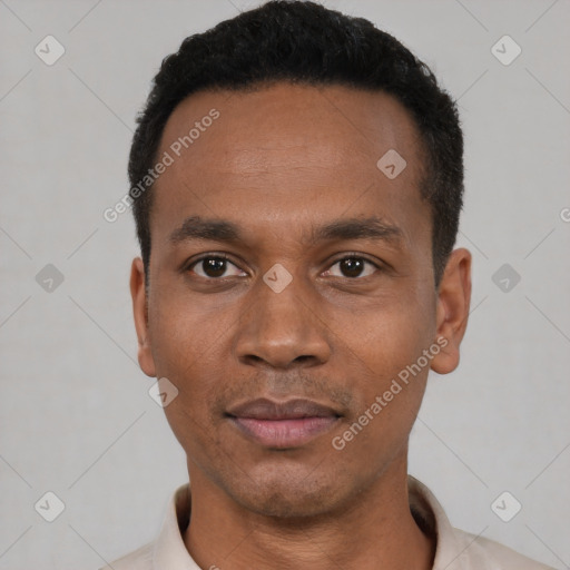 Neutral latino young-adult male with short  black hair and brown eyes