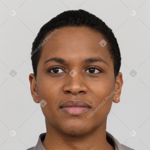Neutral black young-adult female with short  black hair and brown eyes