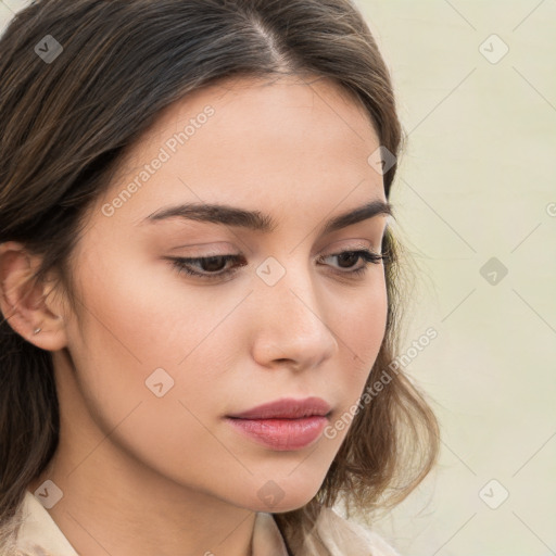 Neutral white young-adult female with medium  brown hair and brown eyes