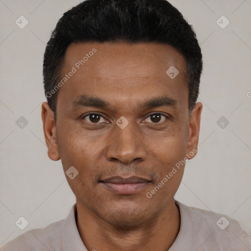 Joyful black young-adult male with short  black hair and brown eyes