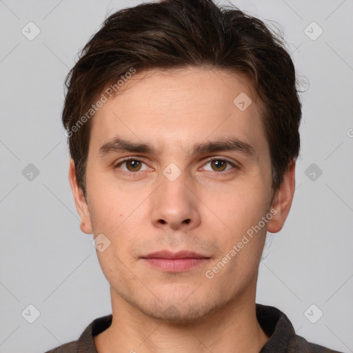 Neutral white young-adult male with short  brown hair and brown eyes