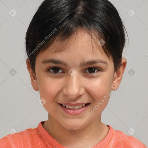 Joyful white child female with short  brown hair and brown eyes