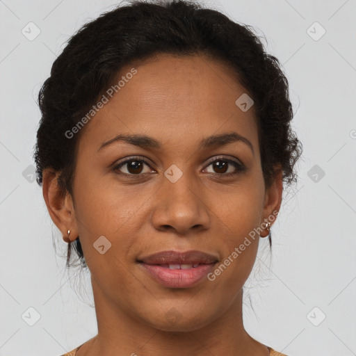 Joyful latino young-adult female with short  brown hair and brown eyes