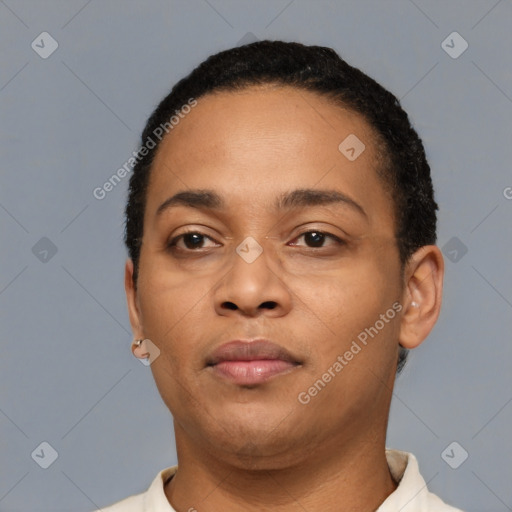 Neutral latino young-adult female with short  black hair and brown eyes