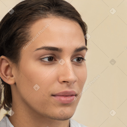 Neutral white young-adult female with medium  brown hair and brown eyes