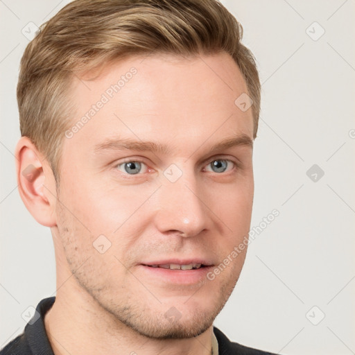 Neutral white young-adult male with short  brown hair and grey eyes