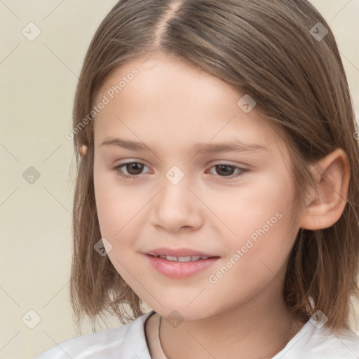 Joyful white child female with medium  brown hair and brown eyes