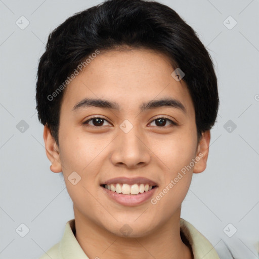 Joyful asian young-adult female with short  brown hair and brown eyes