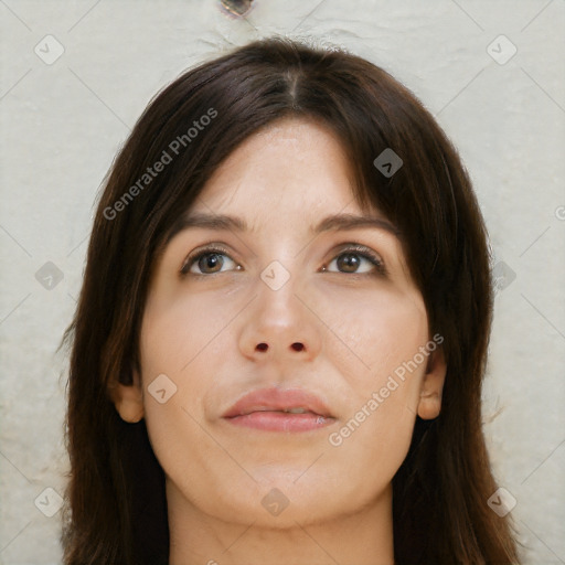 Neutral white young-adult female with long  brown hair and brown eyes