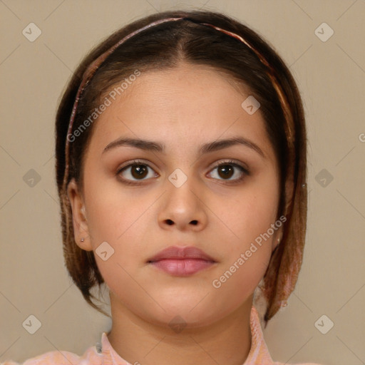 Neutral white young-adult female with medium  brown hair and brown eyes