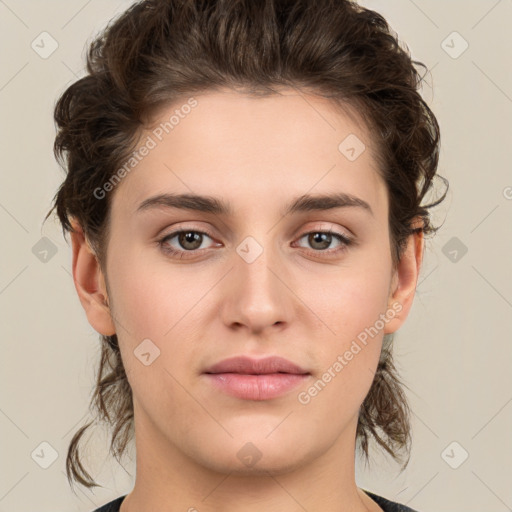 Neutral white young-adult female with medium  brown hair and brown eyes