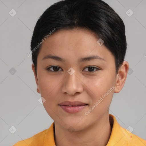 Joyful asian young-adult female with short  brown hair and brown eyes