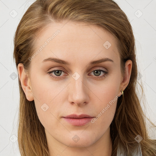 Neutral white young-adult female with long  brown hair and blue eyes