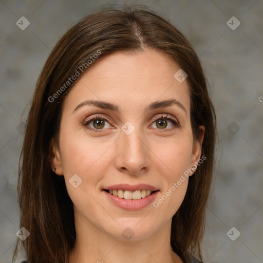 Joyful white young-adult female with long  brown hair and green eyes