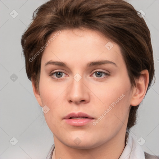 Neutral white young-adult female with medium  brown hair and brown eyes