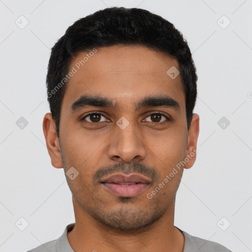 Neutral latino young-adult male with short  black hair and brown eyes
