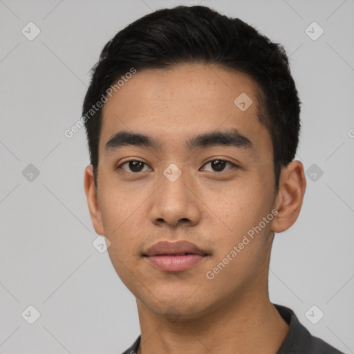 Neutral asian young-adult male with short  black hair and brown eyes