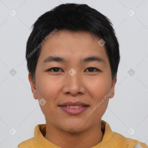 Joyful asian young-adult male with short  brown hair and brown eyes