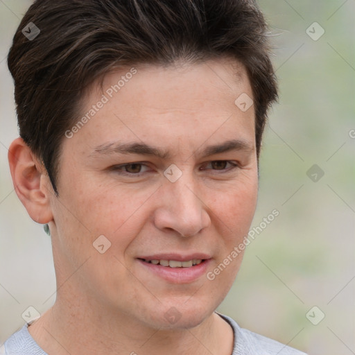 Joyful white adult male with short  brown hair and brown eyes