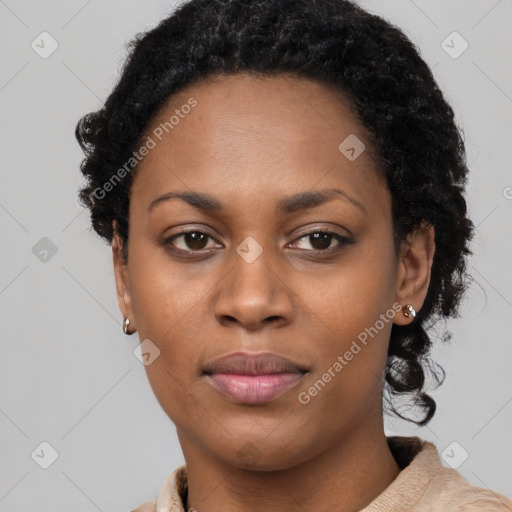 Neutral black young-adult female with short  black hair and brown eyes