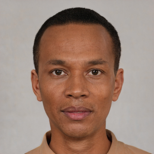 Neutral latino adult male with short  black hair and brown eyes