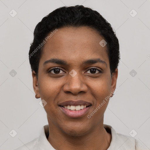 Joyful latino young-adult female with short  black hair and brown eyes