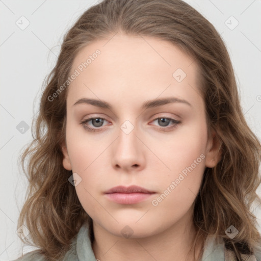 Neutral white young-adult female with long  brown hair and grey eyes