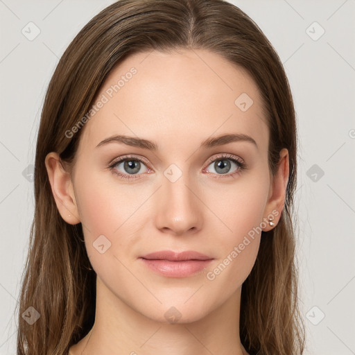 Neutral white young-adult female with long  brown hair and grey eyes