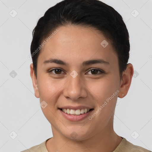 Joyful white young-adult female with short  brown hair and brown eyes