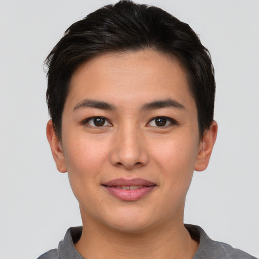 Joyful asian young-adult female with short  brown hair and brown eyes