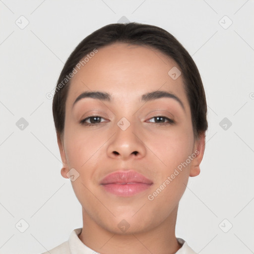 Neutral white young-adult female with short  brown hair and brown eyes