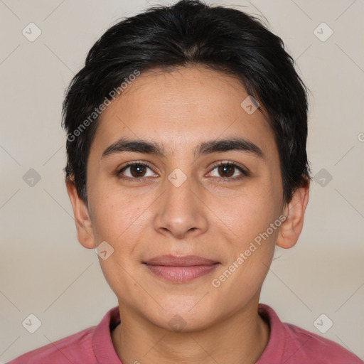 Joyful white young-adult female with short  brown hair and brown eyes