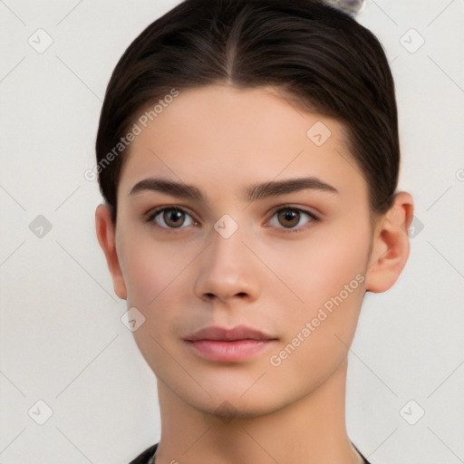 Neutral white young-adult female with short  brown hair and brown eyes