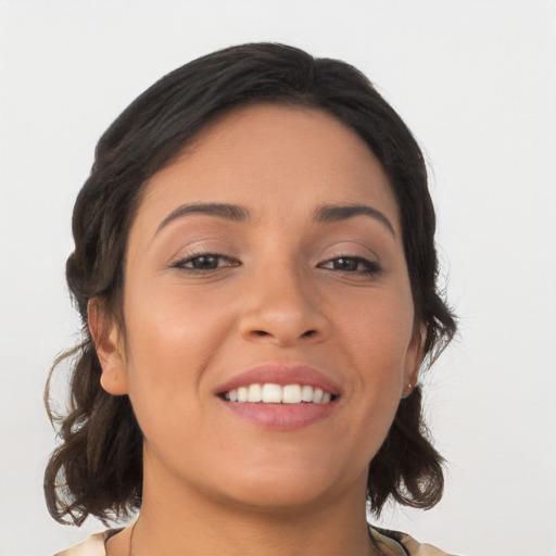 Joyful asian young-adult female with medium  brown hair and brown eyes