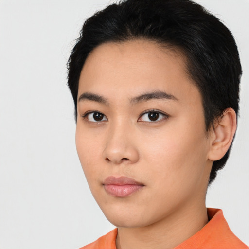 Neutral asian young-adult female with short  black hair and brown eyes