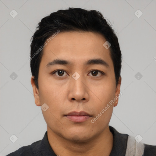 Neutral asian young-adult male with short  black hair and brown eyes