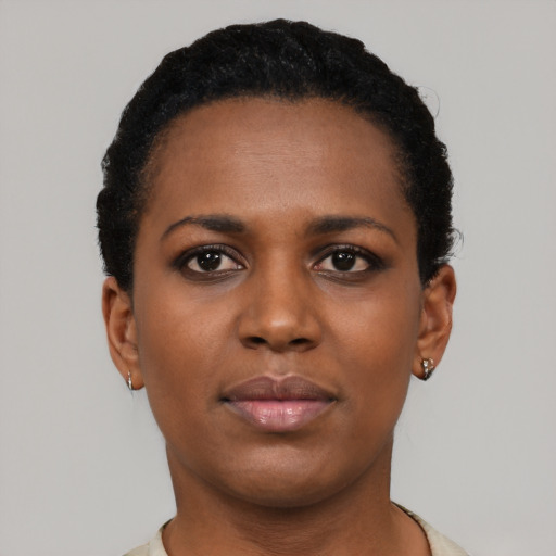 Joyful black young-adult female with short  black hair and brown eyes