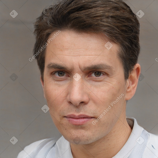 Neutral white adult male with short  brown hair and brown eyes