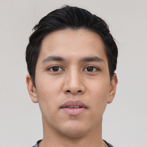 Neutral asian young-adult male with short  black hair and brown eyes