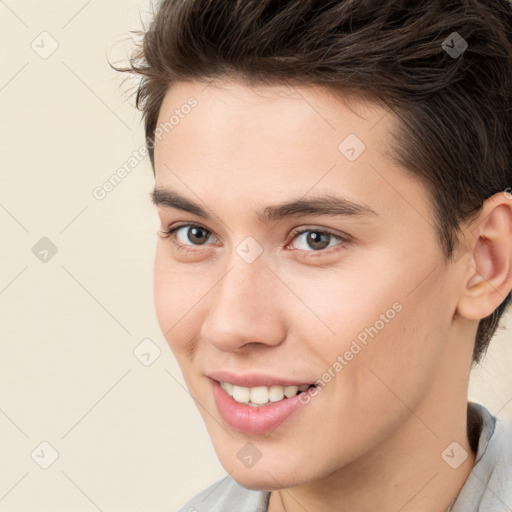 Joyful white young-adult male with medium  brown hair and brown eyes